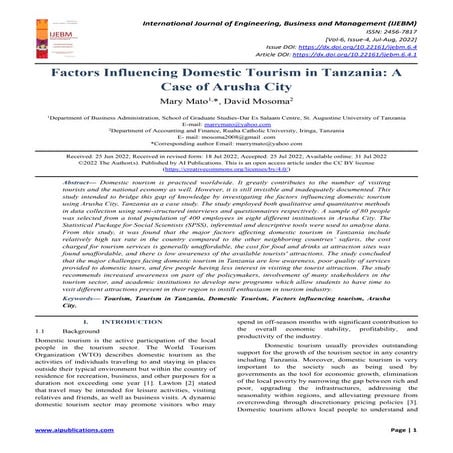 Factors Influencing Domestic Tourism in Tanzania: A Case of Arusha City ...