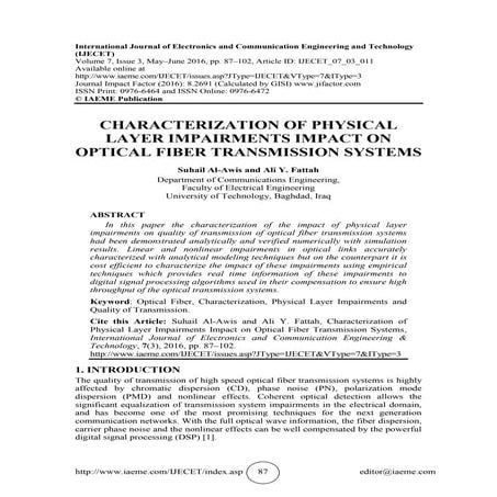 CHARACTERIZATION OF PHYSICAL LAYER IMPAIRMENTS IMPACT ON OPTICAL FIBER TRANSM...