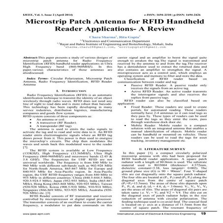 Microstrip Patch Antenna for RFID Handheld Reader Applications- A Review