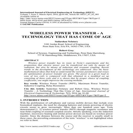 WIRELESS POWER TRANSFER - A TECHNOLOGY THAT HAS COME OF AGE