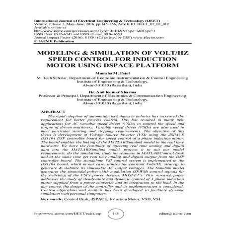 MODELING & SIMULATION OF VOLT/HZ SPEED CONTROL FOR INDUCTION MOTOR USING DSPA...