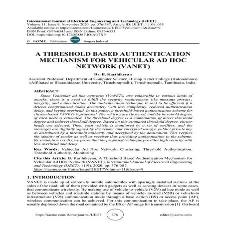 A THRESHOLD BASED AUTHENTICATION MECHANISM FOR VEHICULAR AD HOC NETWORK ...