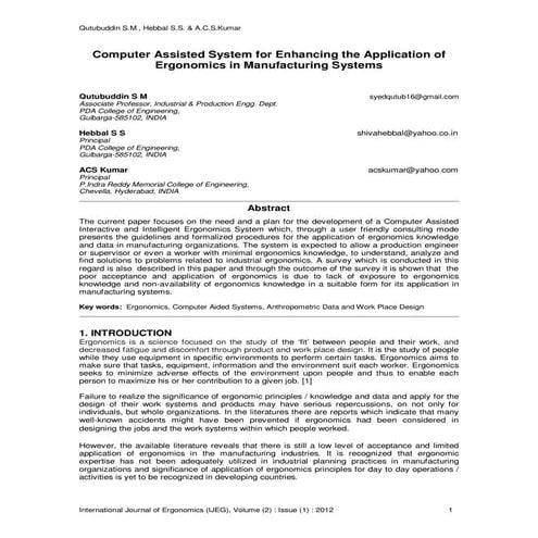 Computer Assisted System for Enhancing the Application of Ergonomics in Manuf...