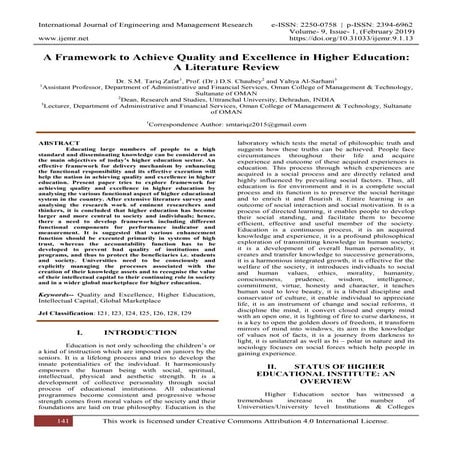 A Framework to Achieve Quality and Excellence in Higher Education: A Literatu...