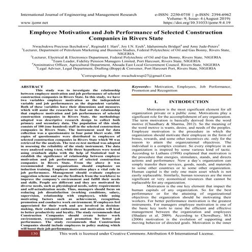 Employee Motivation and Job Performance of Selected Construction Companies in...
