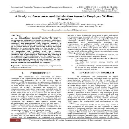 A Study on Awareness and Satisfaction towards Employee Welfare Measures