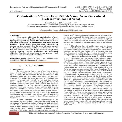 Optimization of Closure Law of Guide Vanes for an Operational Hydropower Plan...