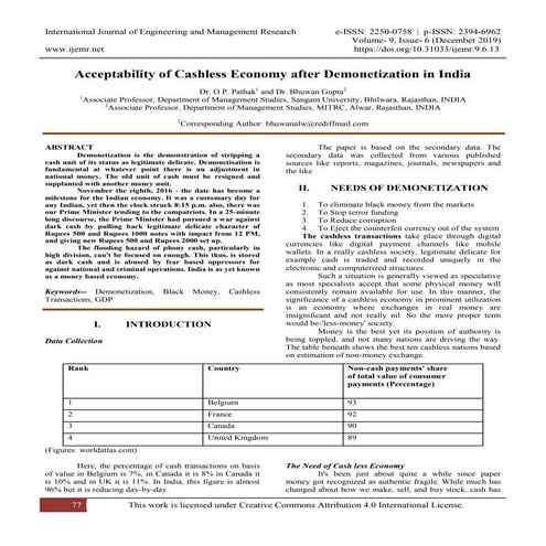 Acceptability of Cashless Economy after Demonetization in India | PDF