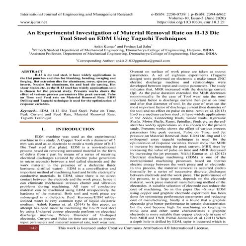 An Experimental Investigation of Material Removal Rate on H-13 Die Tool Steel...