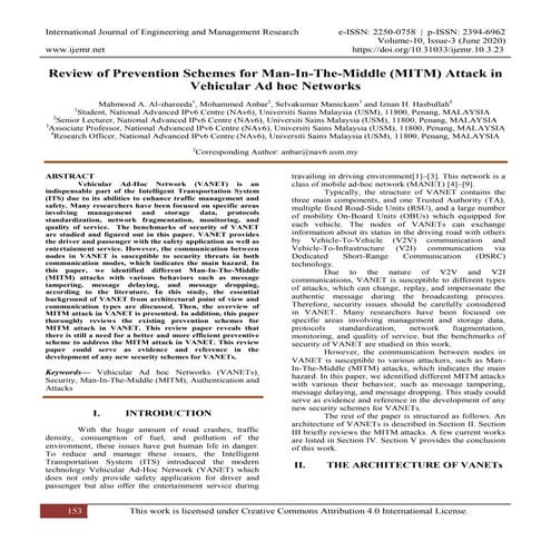 Review of Prevention Schemes for Man-In-The-Middle (MITM) Attack in Vehicular...