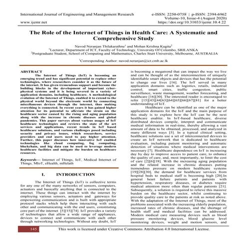 The Role of the Internet of Things in Health Care: A Systematic and Comprehen...