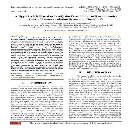 A Hypothesis is Placed to Justify the Extendibility of Recommender System/ Re...