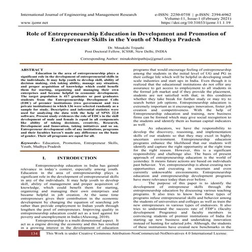 Role of Entrepreneurship Education in Development and Promotion of ...