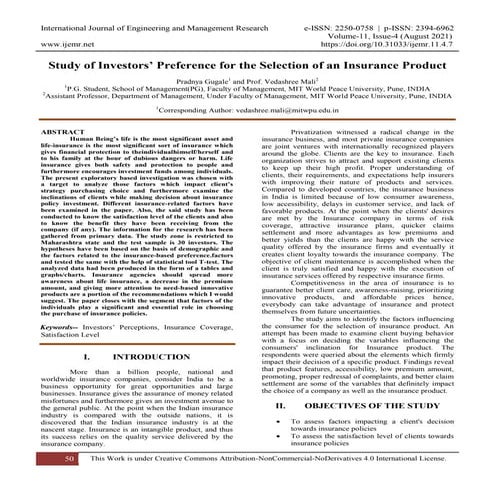 Study of Investors’ Preference for the Selection of an Insurance Product