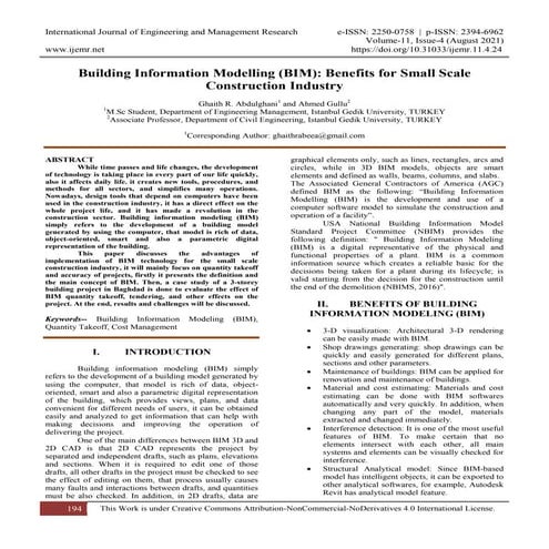 Building Information Modelling (BIM): Benefits for Small Scale Construction I...