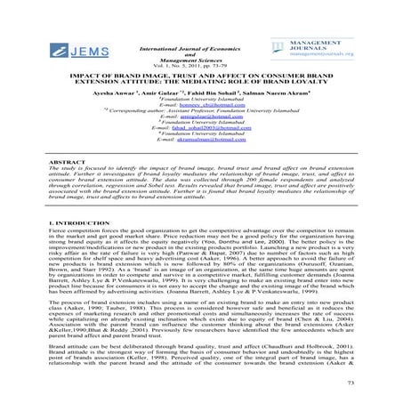 Impact of Brand Image, Trust and Affect on Consumer Brand Extension Attitude:...