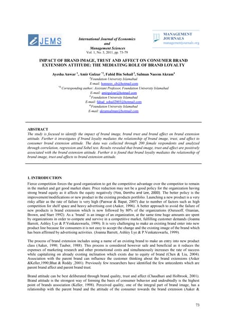 Impact of Brand Image, Trust and Affect on Consumer Brand Extension Attitude:...