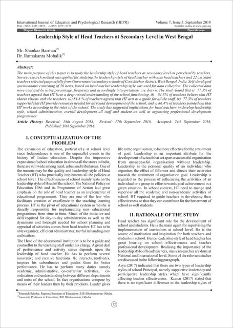 Leadership style of Head teachers at secondary level in West Bengal. International Journal of Education and Psychological Research