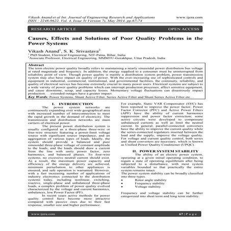 Causes, Effects and Solutions of Poor Quality Problems in the Power Systems