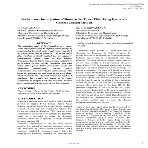 Performance Investigation of Shunt Active Power Filter Using Hysteresis Curre...
