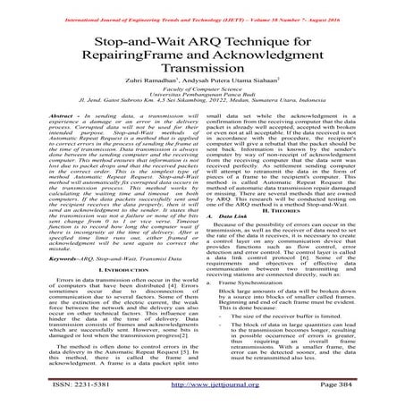 Stop-and-Wait ARQ Technique for Repairing Frame and Acknowledgment Transmission