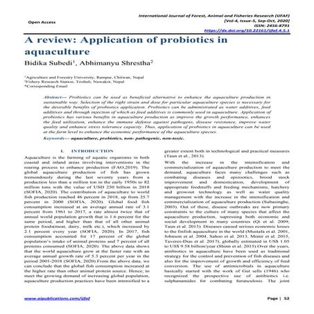 A review: Application of probiotics in aquaculture | PDF