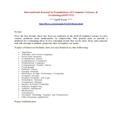 International Journal in Foundations of Computer Science & Technology(IJFCST)