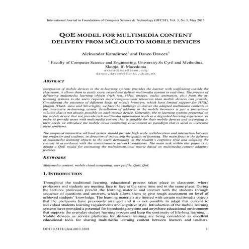 QOE MODEL FOR MULTIMEDIA CONTENT DELIVERY FROM MCLOUD TO MOBILE DEVICES