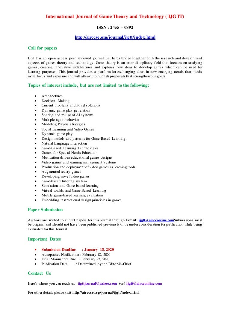 International Journal of Game Theory and Technology ( IJGTT)