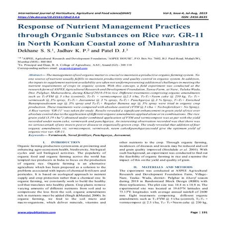 Response of Nutrient Management Practices through Organic Substances on Rice ...