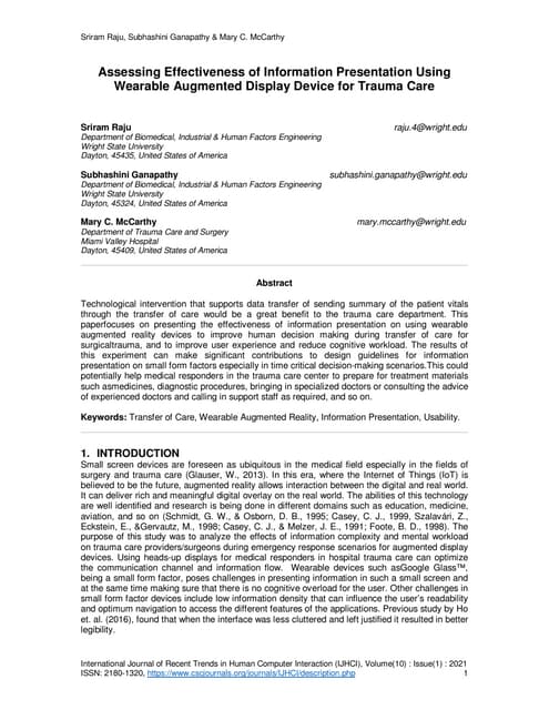 Assessing Effectiveness of Information Presentation Using Wearable Augmented Display Device for Trauma Care