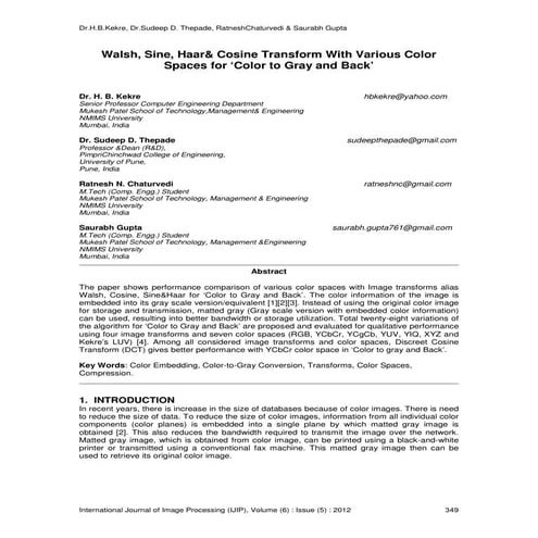 Walsh, Sine, Haar & Cosine Transform With Various Color Spaces for ‘Color to ...