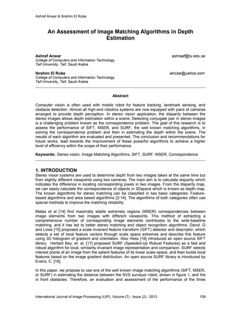 An Assessment of Image Matching Algorithms in Depth Estimation