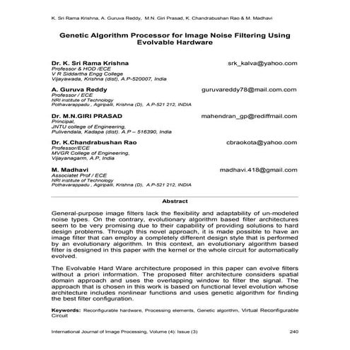 Genetic Algorithm Processor for Image Noise Filtering Using Evolvable Hardware
