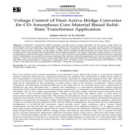 Voltage Control of Dual Active Bridge Converter for CO-Amorphous Core Materia...