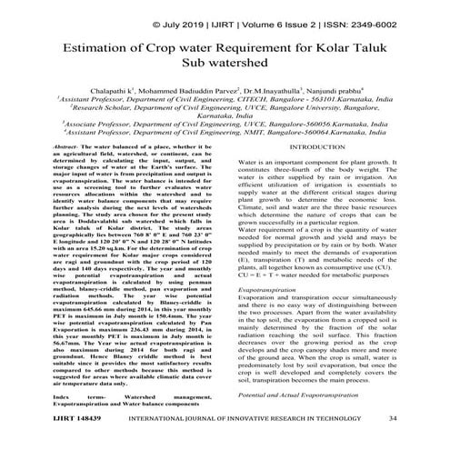 Estimation of Crop water Requirement for Kolar Taluk Sub watershed 