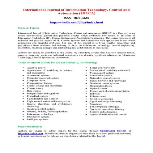 Call For Papers - International Journal of Information Technology, Control an...