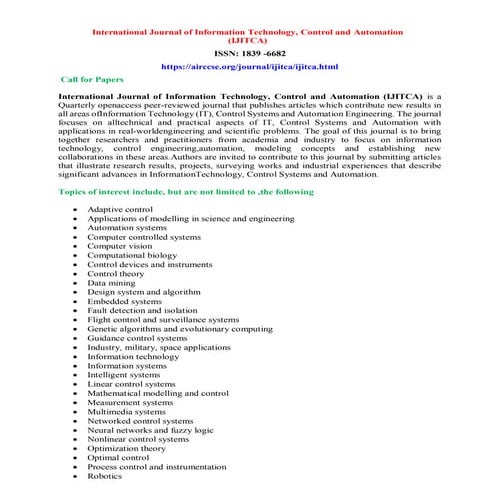 International Journal of Information Technology, Control and Automation (IJITCA)