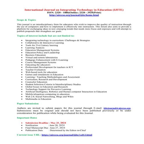 International Journal on Integrating Technology in Education (IJITE