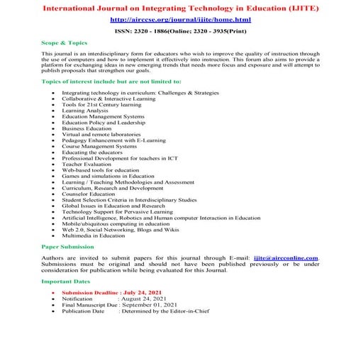  International Journal on Integrating Technology in Education  (IJITE)