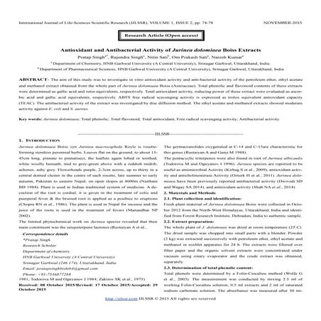 Antioxidant and Antibacterial Activity of Jurinea dolomiaea Boiss Extracts