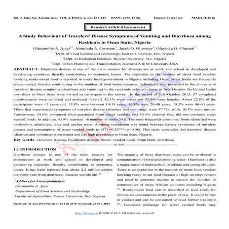 A Study Behaviour of Travelers’ Disease Symptoms of Vomiting and Diarrhoea am...
