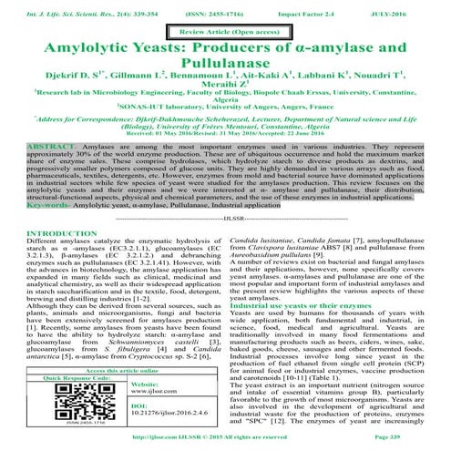 Amylolytic Yeasts: Producers of α-amylase and Pullulanase