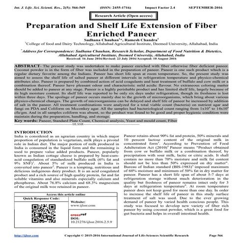 Preparation and Shelf Life Extension of Fiber Enriched Paneer