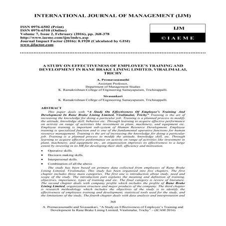  A STUDY ON EFFECTIVENESS OF EMPLOYEE’S TRAINING AND DEVELOPMENT IN RANE BRAK...