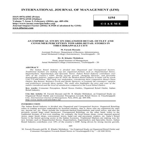 AN EMPIRICAL STUDY ON ORGANIZED RETAIL OUTLET AND CONSUMER PERCEPTION TOWARDS...