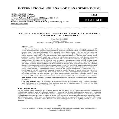 A STUDY ON STRESS MANAGEMENT AND COPING STRATEGIES WITH REFERENCE TO IT COMPA...