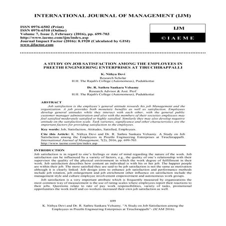 A STUDY ON JOB SATISFACTION AMONG THE EMPLOYEES IN PREETHI ENGINEERING ENTERP...