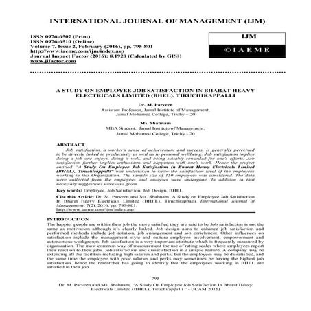 A STUDY ON EMPLOYEE JOB SATISFACTION IN BHARAT HEAVY ELECTRICALS LIMITED (BHE...