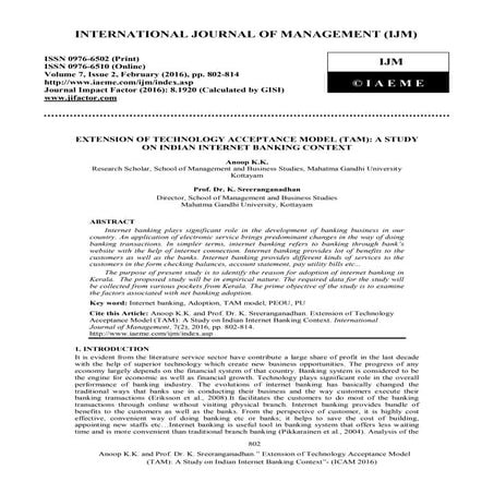 EXTENSION OF TECHNOLOGY ACCEPTANCE MODEL (TAM): A STUDY ON INDIAN INTERNET BA...